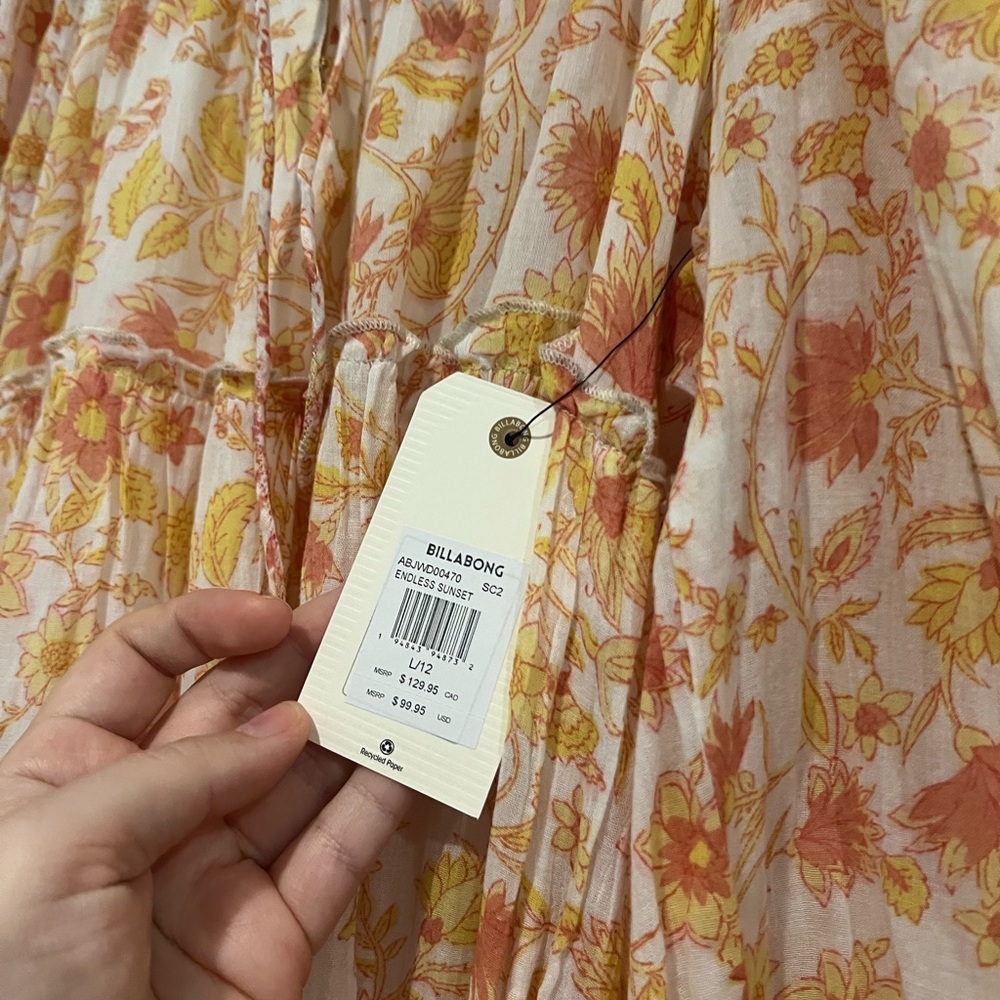 New Billabong Boho Yellow and Orange Floral Cream Bow Maxi Dress - Picture 11 of 12